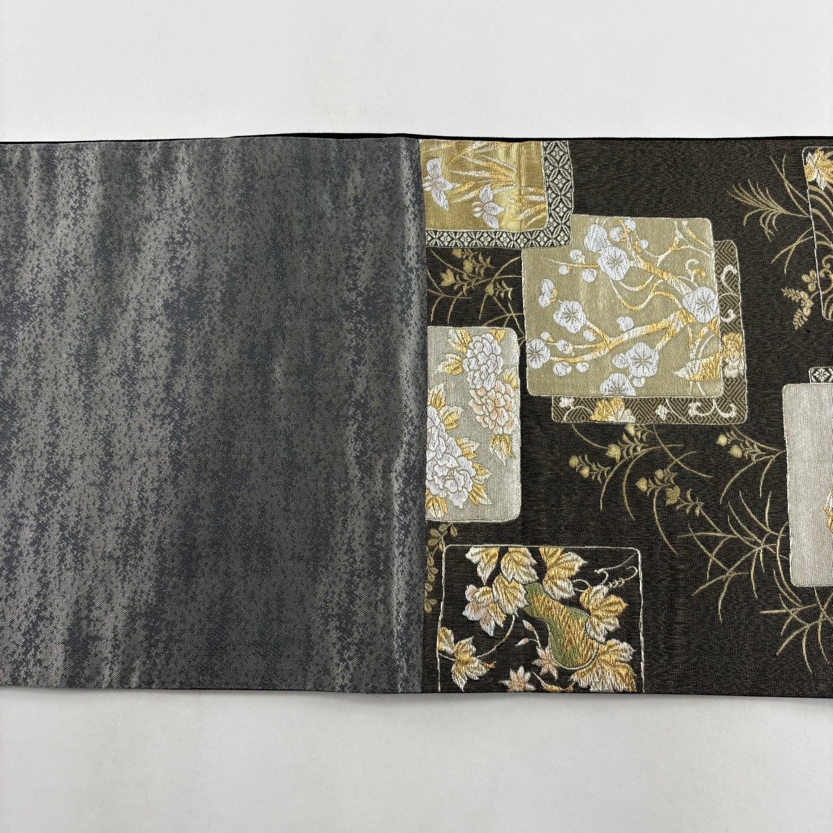 袋帯 秀品 色紙 草花 金糸 唐織 灰茶 六通 正絹｜中古・古着