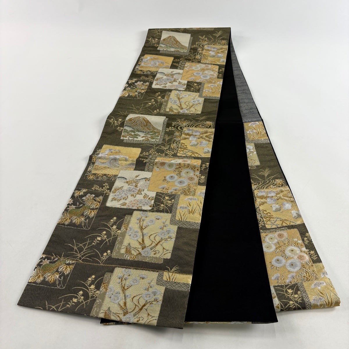 袋帯 秀品 色紙 草花 金糸 唐織 灰茶 六通 正絹｜中古・古着