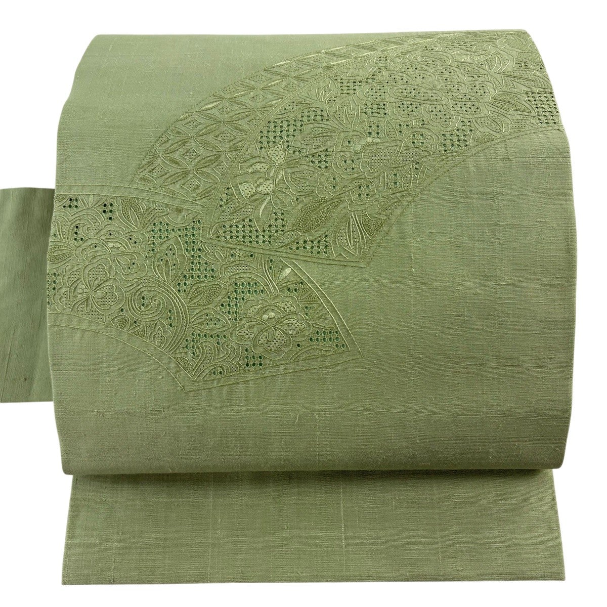 美品】 名古屋帯 秀品 紬地 草花 霞 汕頭刺繍 サーモンピンク 正絹