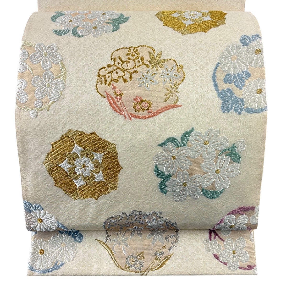 袋帯 秀品 花丸文 華文 金銀糸 箔 ベージュ 六通 正絹｜中古・古着