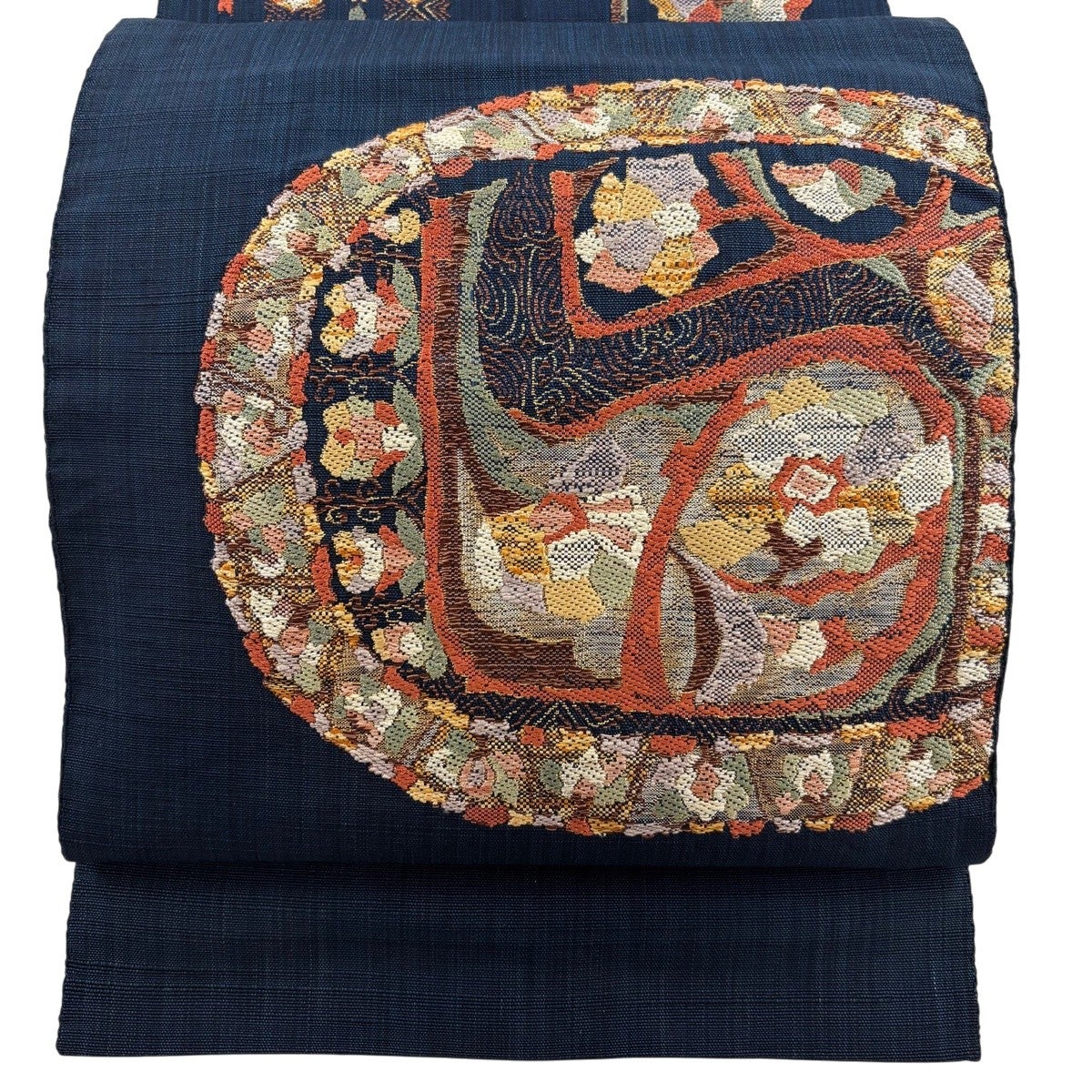 名古屋帯 優品 八寸名古屋帯 松葉仕立て 草花 金銀糸 紺色 正絹｜中古