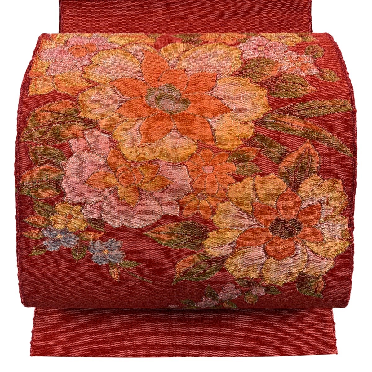 美品】 名古屋帯 優品 八寸名古屋帯 松葉仕立て 草花 銀糸 茜色 正絹