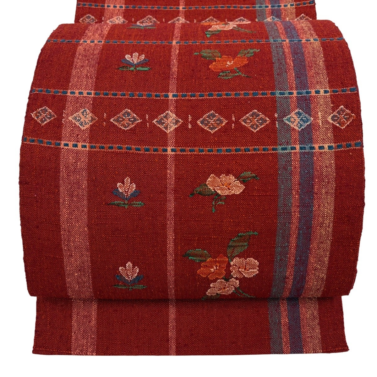 美品】 名古屋帯 優品 八寸名古屋帯 松葉仕立て 紬地 草花 縞 えんじ色