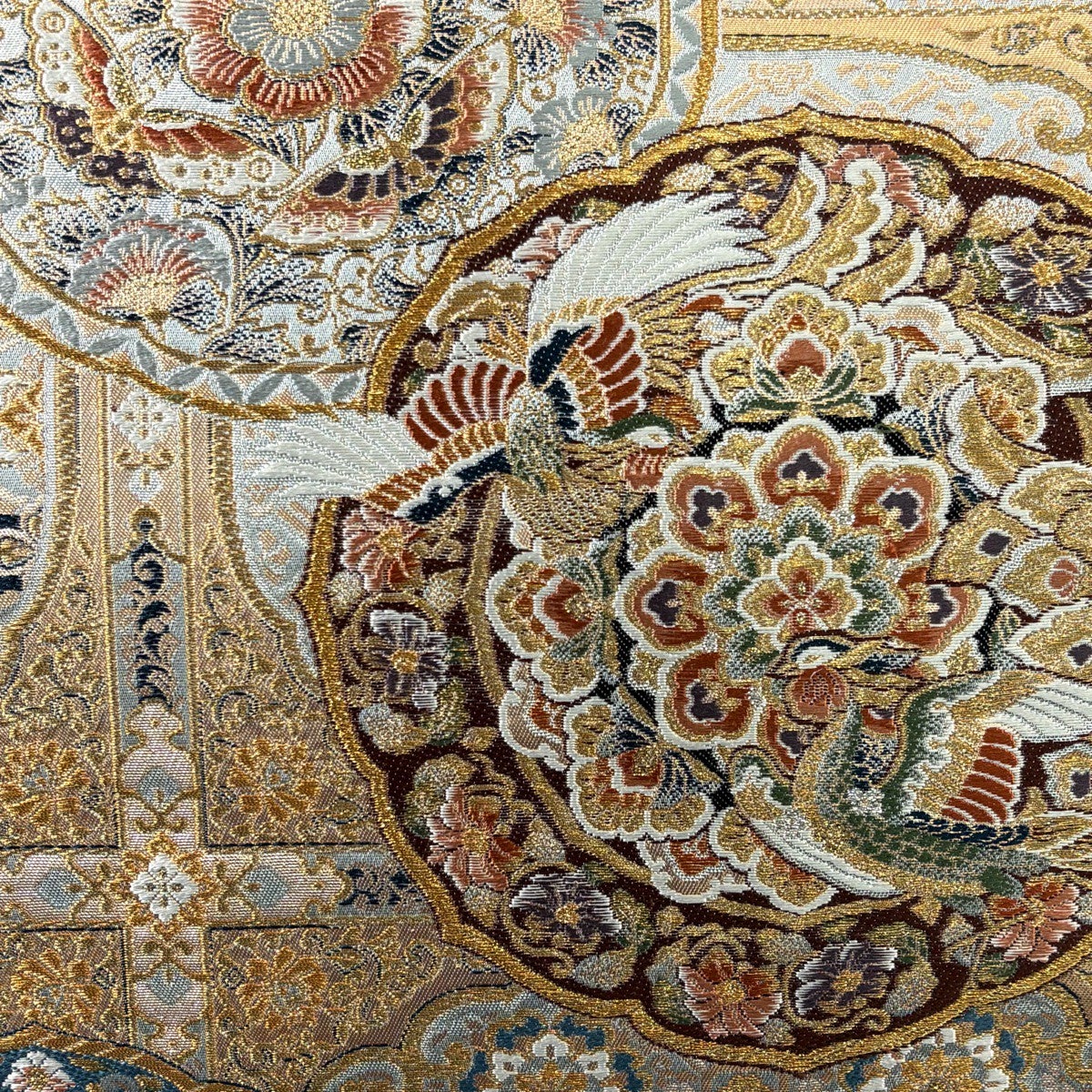 美品】 袋帯 秀品 天平絵鏡裏文 花鳥 金糸 箔 金色 六通 正絹｜中古