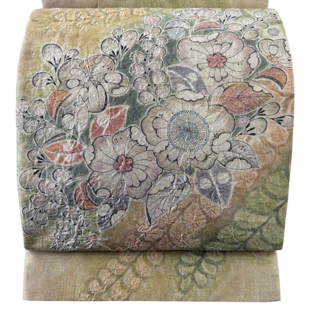 美品】 袋帯 秀品 辻が花 金糸 薄緑 お太鼓柄 正絹｜中古・古着
