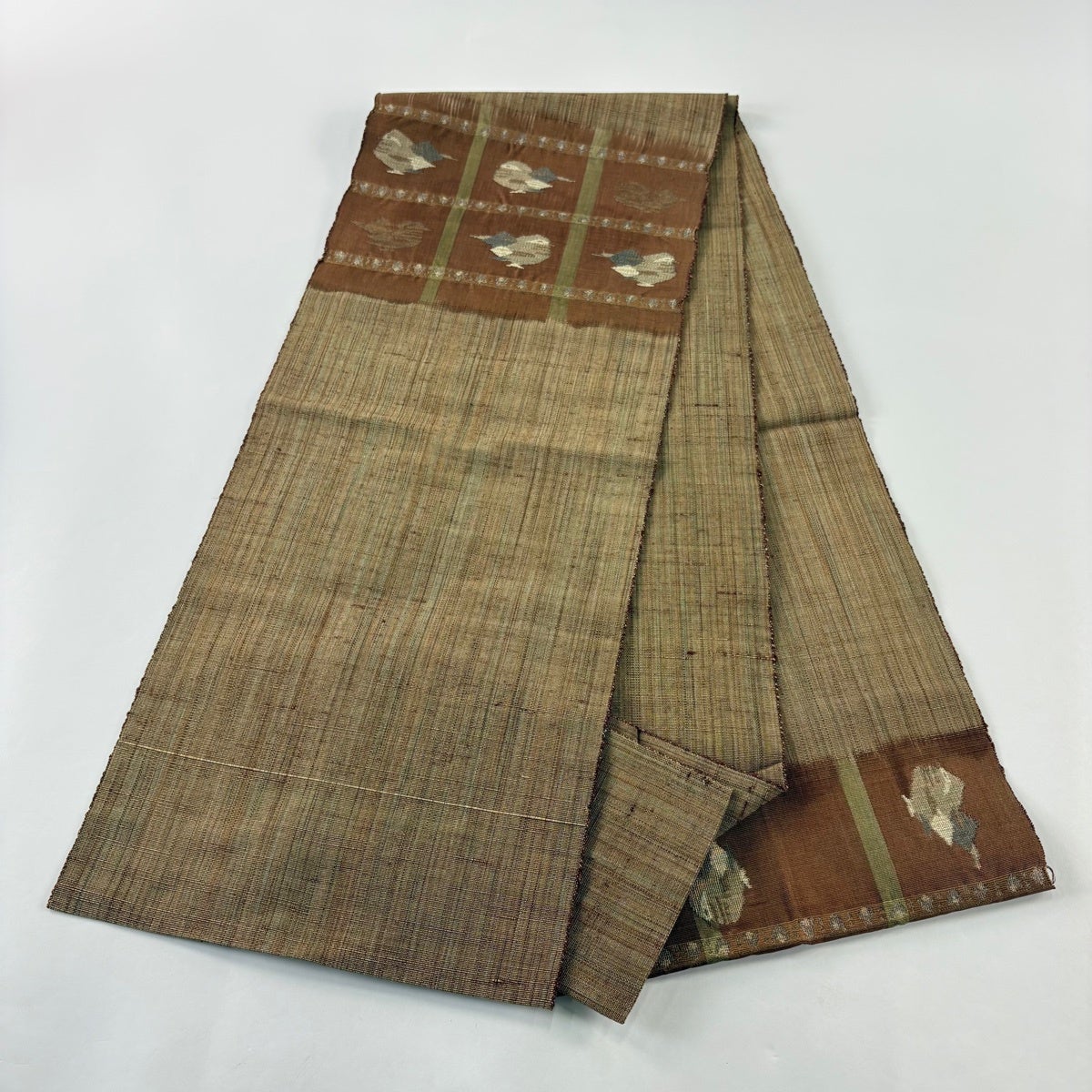 名古屋帯 秀品 鳥 格子 茶色 正絹｜中古・古着・リサイクル着物通販