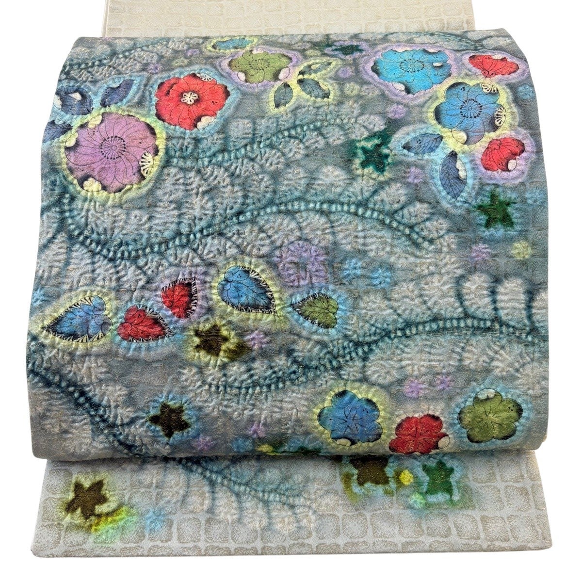 美品】 袋帯 秀品 辻が花柄 金糸 灰色 お太鼓柄 正絹｜中古・古着