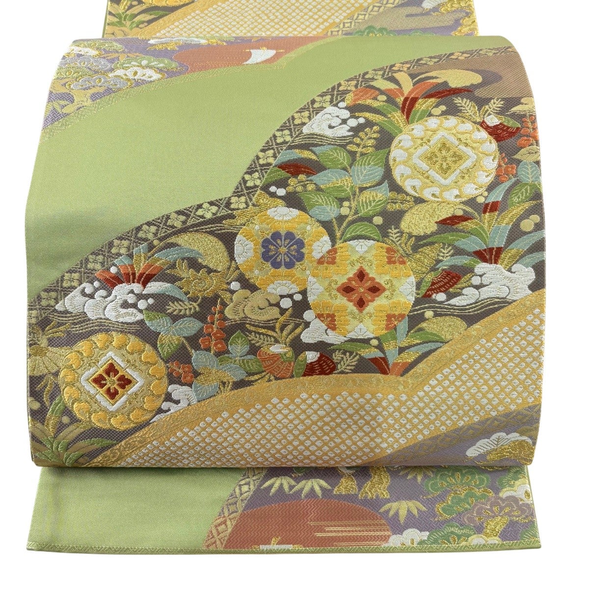 美品】 袋帯 秀品 秀栄華文 金糸 箔 よもぎ色 六通 正絹｜中古・古着