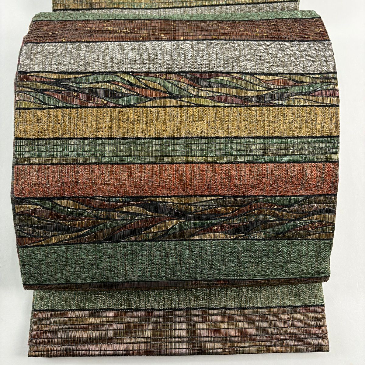 在庫一掃】 【美品】 袋帯 名品 段縞 縞 金糸 灰緑 お太鼓柄 正絹