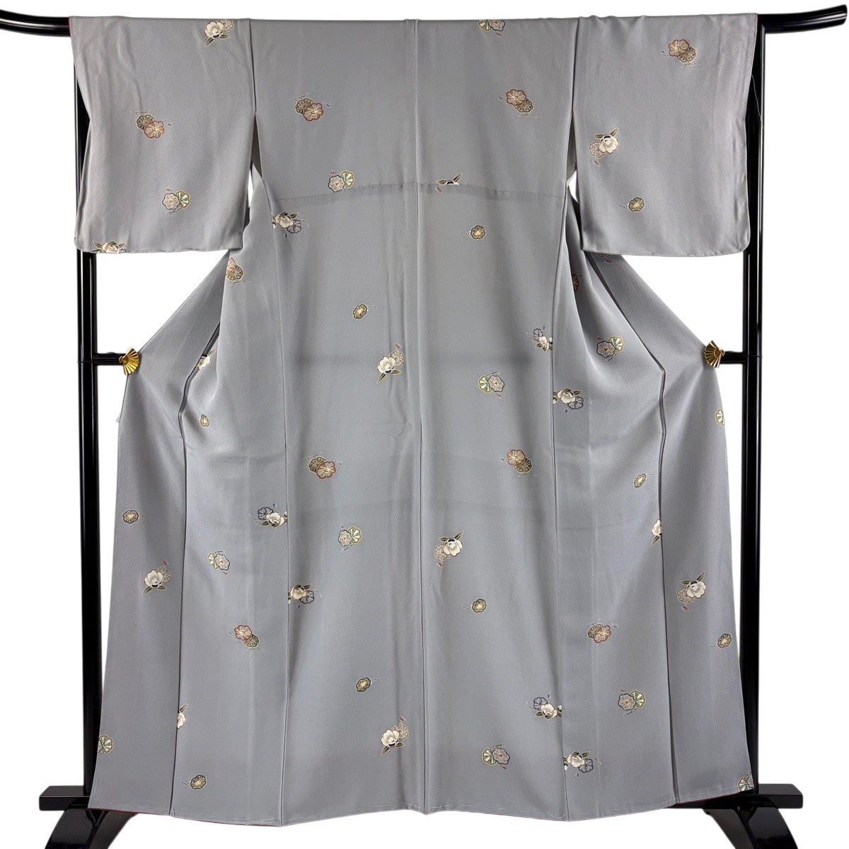 小紋 身丈160.5cm 裄丈67cm M 袷 草花 金彩 灰色 正絹 秀品｜中古