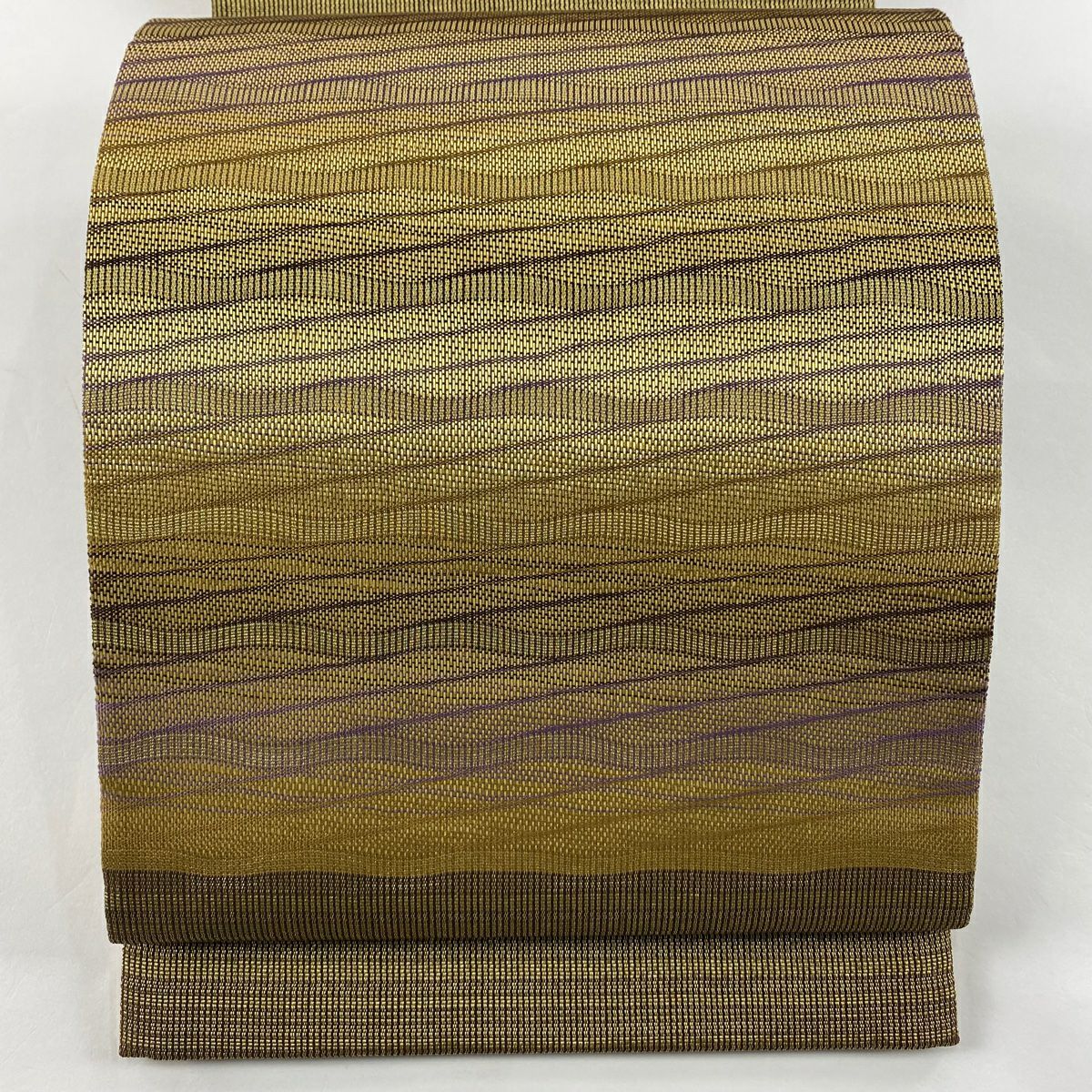 在庫一掃】 【美品】 袋帯 名品 段縞 縞 金糸 灰緑 お太鼓柄 正絹