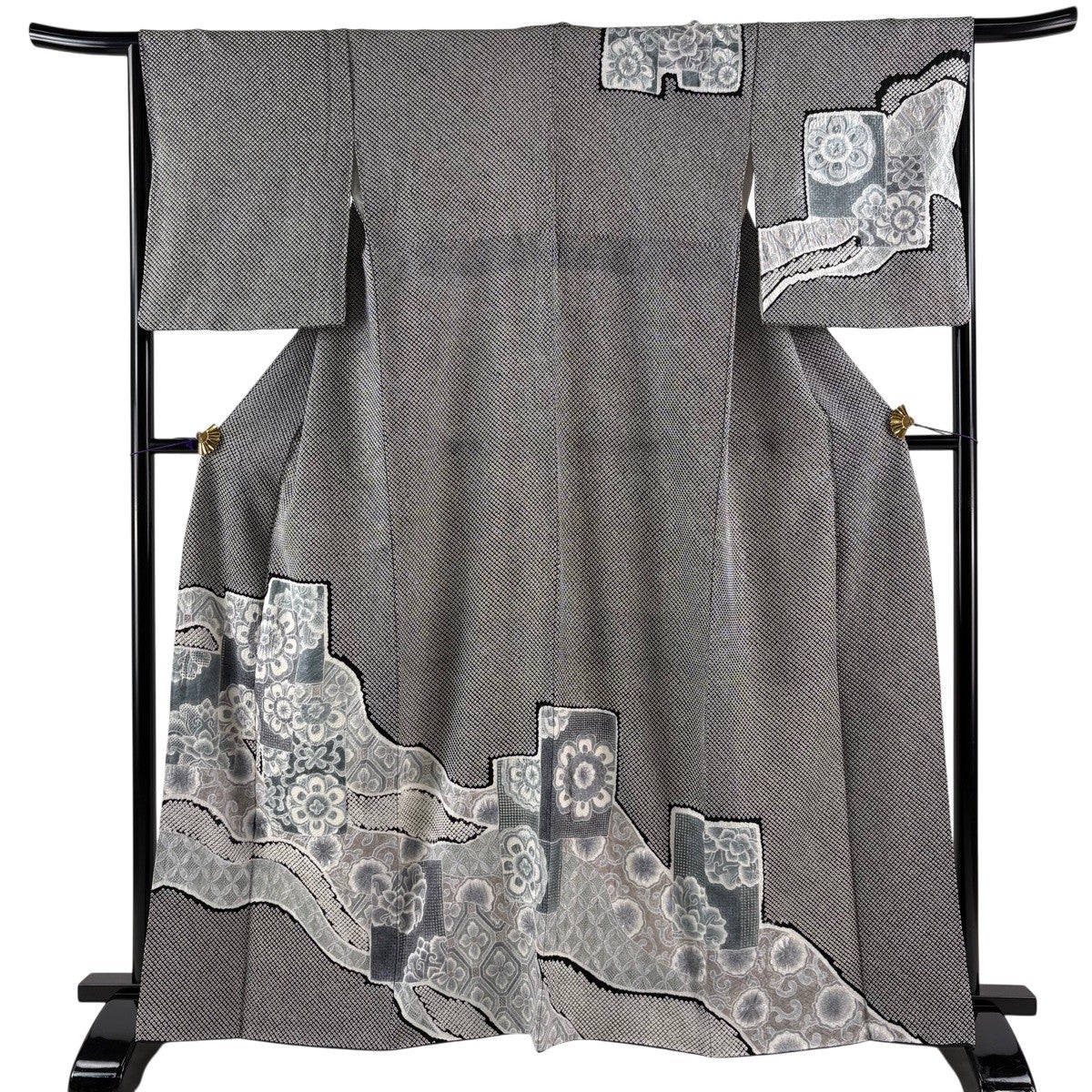 訪問着 身丈161cm 裄丈65.5cm M 袷 枝花 七宝 絞り 黒 正絹 秀品｜中古