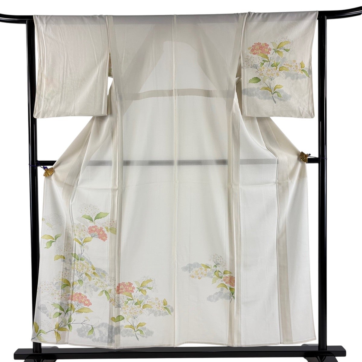 付下げ 身丈157cm 裄丈62cm S 薄物 絽 枝花 霞 クリーム 正絹 名品