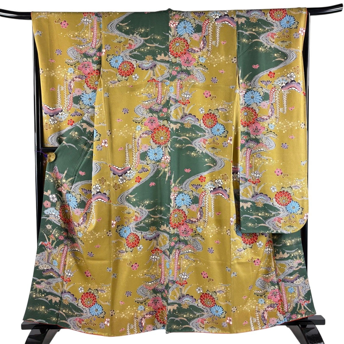 振袖 身丈157cm 裄丈67cm M 袷 草花 蝶 金彩 鶯色 正絹 名品｜中古