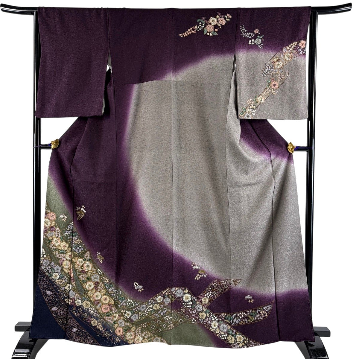 逸品◇未使用!正絹◇色無地◎本草木染「圓啓」154cm一つ紋(五三桐)薄色 袷 訪問着 身丈162.5cm 裄丈65cm M 袷 辻が花柄 笠松 金彩 染め分け 濃紫