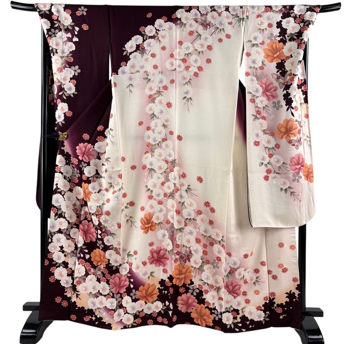 美品】 振袖 身丈165.5cm 裄丈71cm L 袷 蝶 枝垂れ桜 金糸 金彩 茶紫
