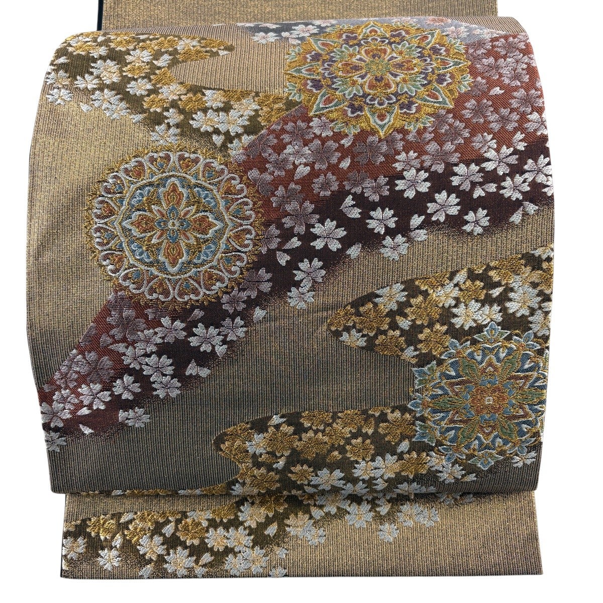 美品】 袋帯 秀品 華文 桜 金糸 箔 金茶 六通 正絹｜中古・古着