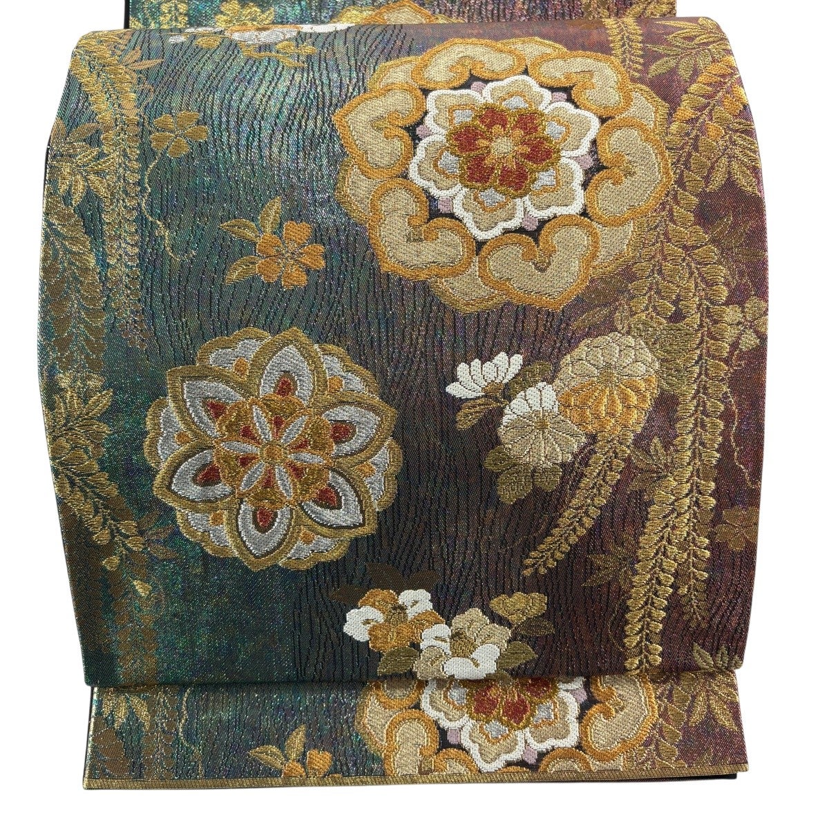 美品】 袋帯 秀品 振袖向き 華文 草花 金銀糸 箔 青緑 六通 正絹｜中古