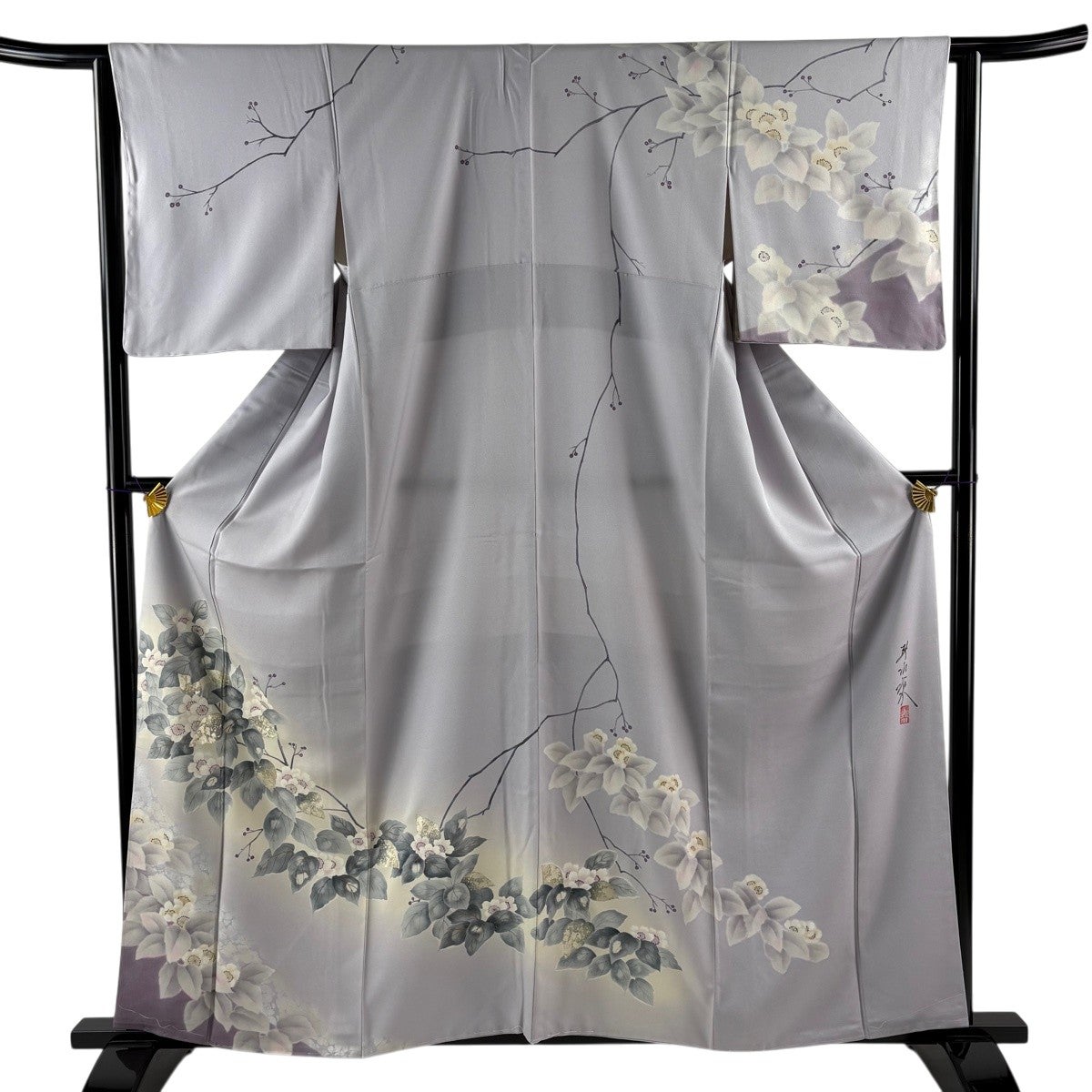 訪問着 身丈160cm 裄丈63cm S 袷 落款あり 桜 葉と実 金銀彩 ぼかし