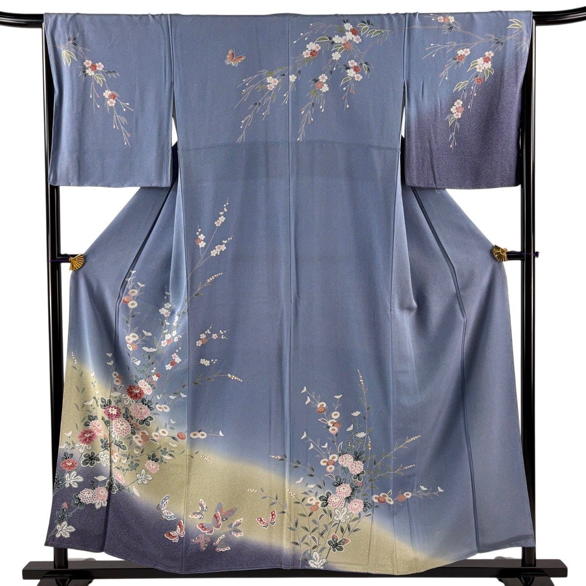 訪問着 身丈155.5cm 裄丈66cm M 袷 草花 蝶 染め分け ぼかし 青灰色