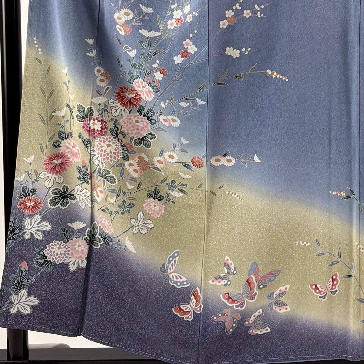 訪問着 身丈155.5cm 裄丈66cm M 袷 草花 蝶 染め分け ぼかし 青灰色