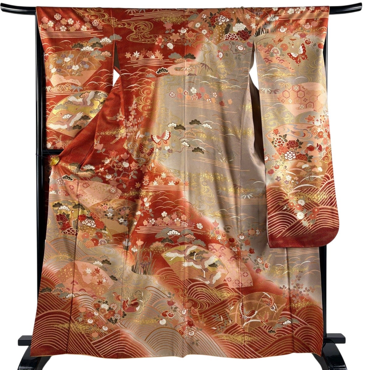 振袖 身丈161cm 裄丈64cm M 袷 カラー 蝶 金彩金彩 赤 正絹 秀品｜中古