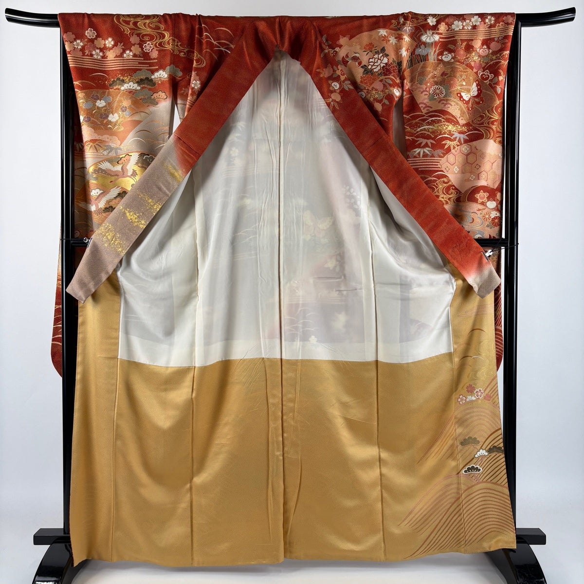 振袖 身丈165cm 裄丈66cm M 袷 扇面 花鳥 金糸 金彩 赤茶 正絹 秀品