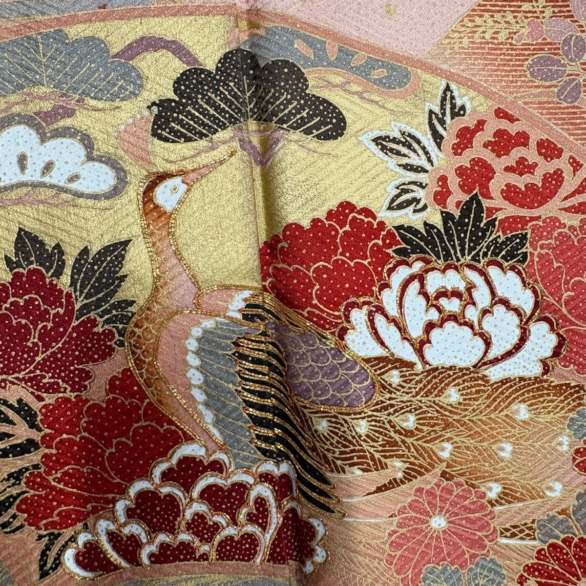 振袖 身丈165cm 裄丈66cm M 袷 扇面 花鳥 金糸 金彩 赤茶 正絹 秀品