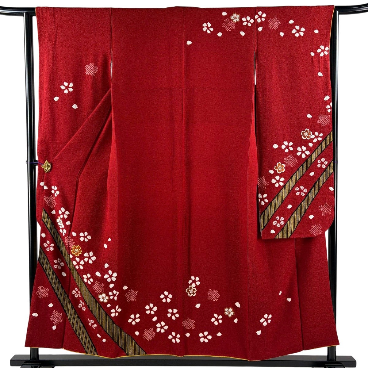 振袖 身丈154cm 裄丈62cm S 袷 桜 縦縞 金糸 絞り 赤 正絹 秀品｜中古