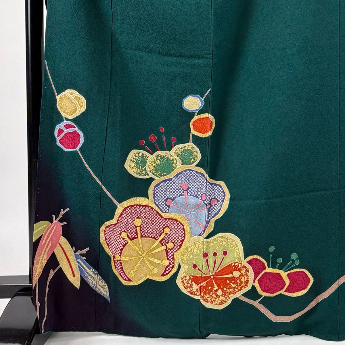 振袖 身丈169cm 裄丈64cm M 袷 梅 笹 金糸 金彩 深緑 正絹 秀品｜中古