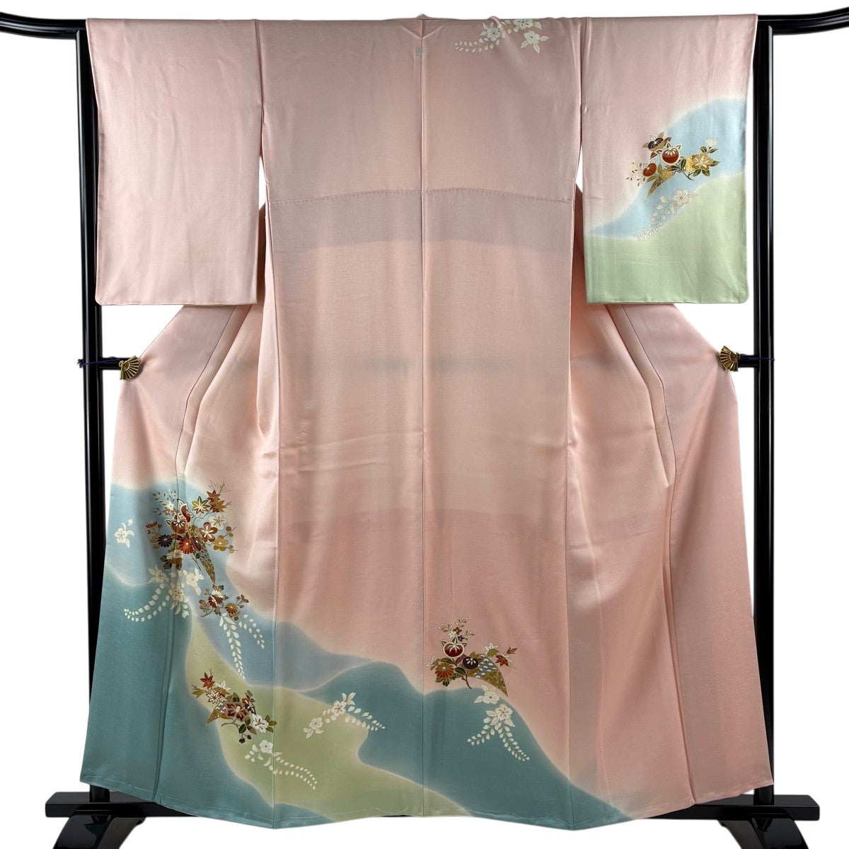訪問着 身丈158.5cm 裄丈64cm M 袷 草花 霞 金彩 染め分け ピンク 正絹