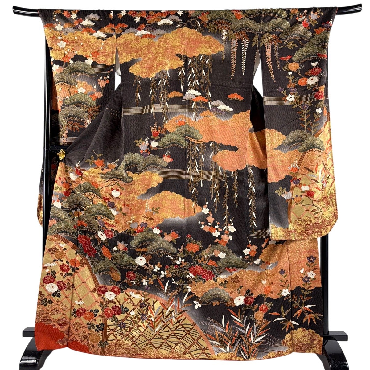 振袖 身丈168cm 裄丈71.5cm L 袷 笠松 牡丹 金糸 金彩 焦茶色 正絹 秀