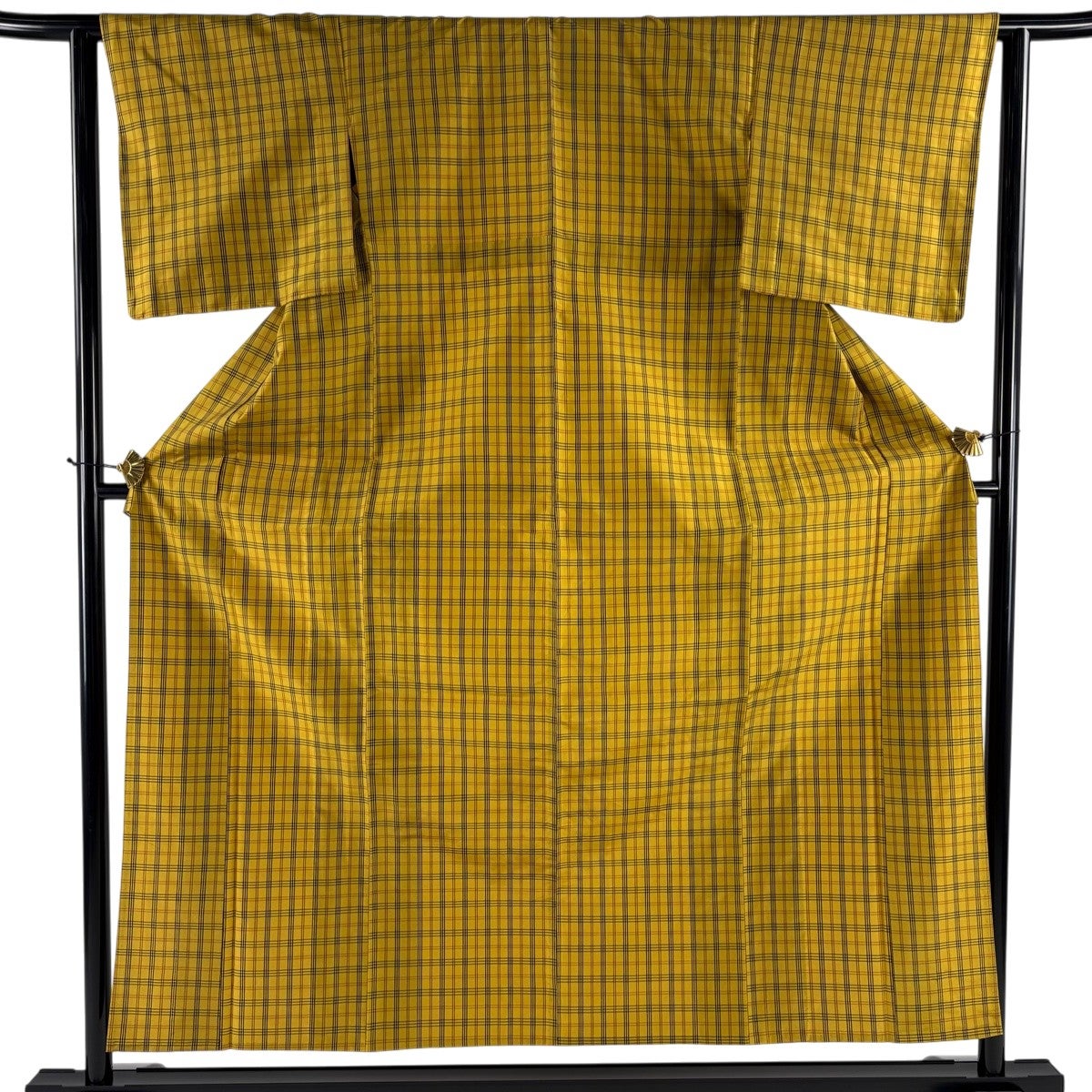 美品】 紬 身丈154.5cm 裄丈63.5cm S 単衣 格子 幾何学 薄茶色 正絹
