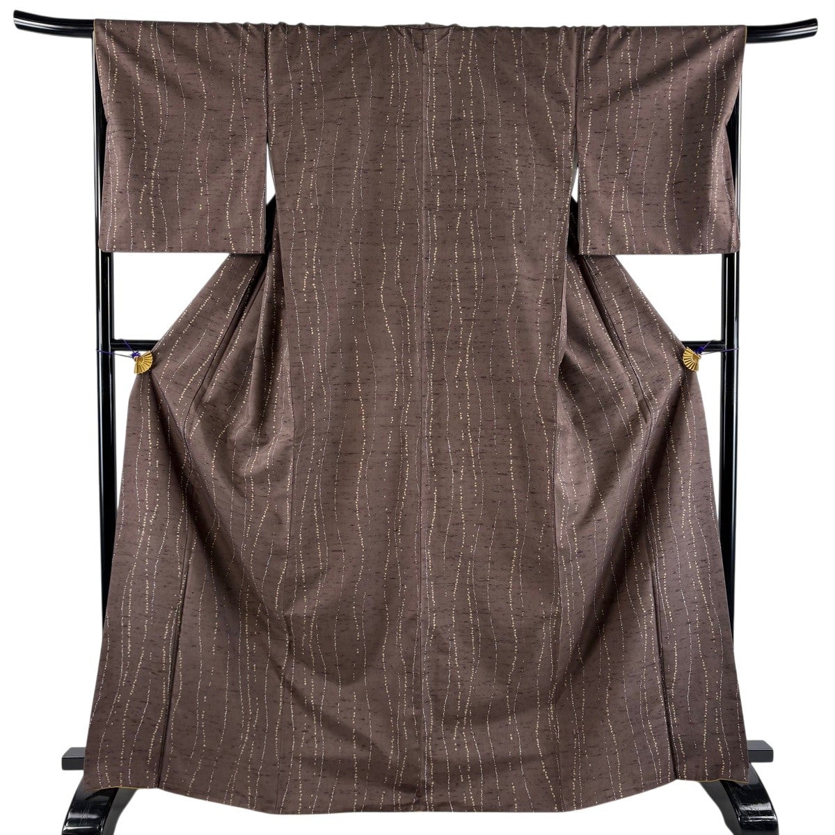 美品】 小紋 身丈169cm 裄丈67cm M 袷 紬地 幾何学模様 よろけ縞 茶紫