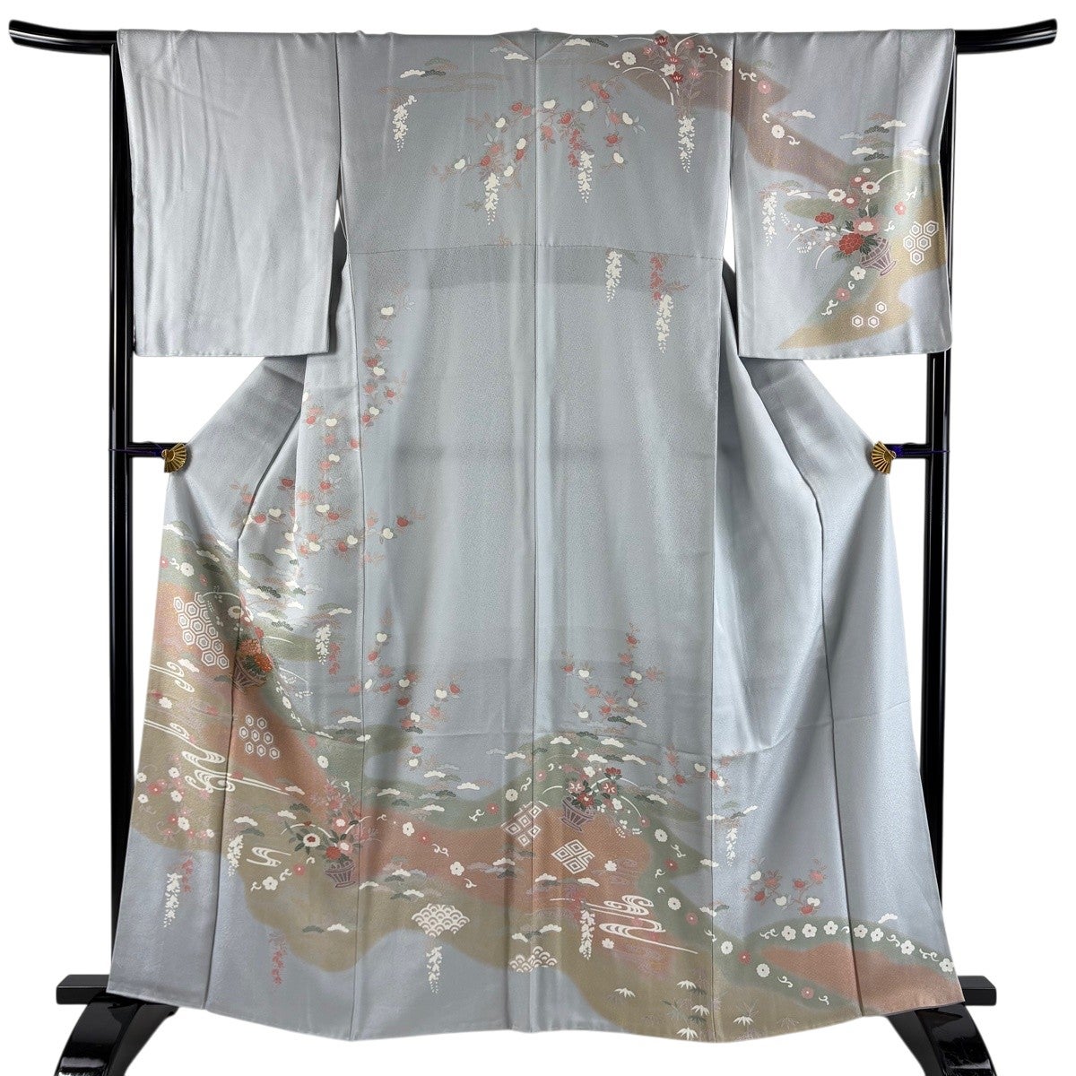 訪問着 身丈163cm 裄丈65.5cm M 袷 花器 亀甲 金糸 金彩 青灰色 正絹