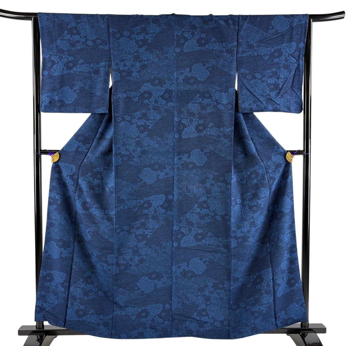 小紋 身丈159.5cm 裄丈64cm M 袷 草花 波 紺色 正絹 秀品｜中古・古着