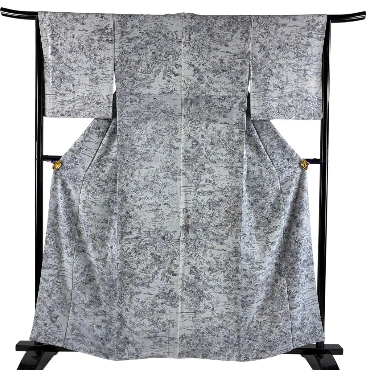 美品】 小紋 身丈166cm 裄丈65cm M 単衣 紬地 菊 草花 薄茶色 正絹 秀