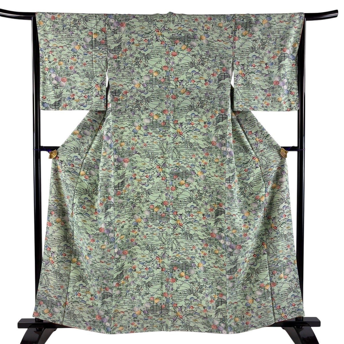 美品】 小紋 身丈160cm 裄丈65cm M 袷 菊 松竹梅 縮緬 薄緑 正絹 秀品