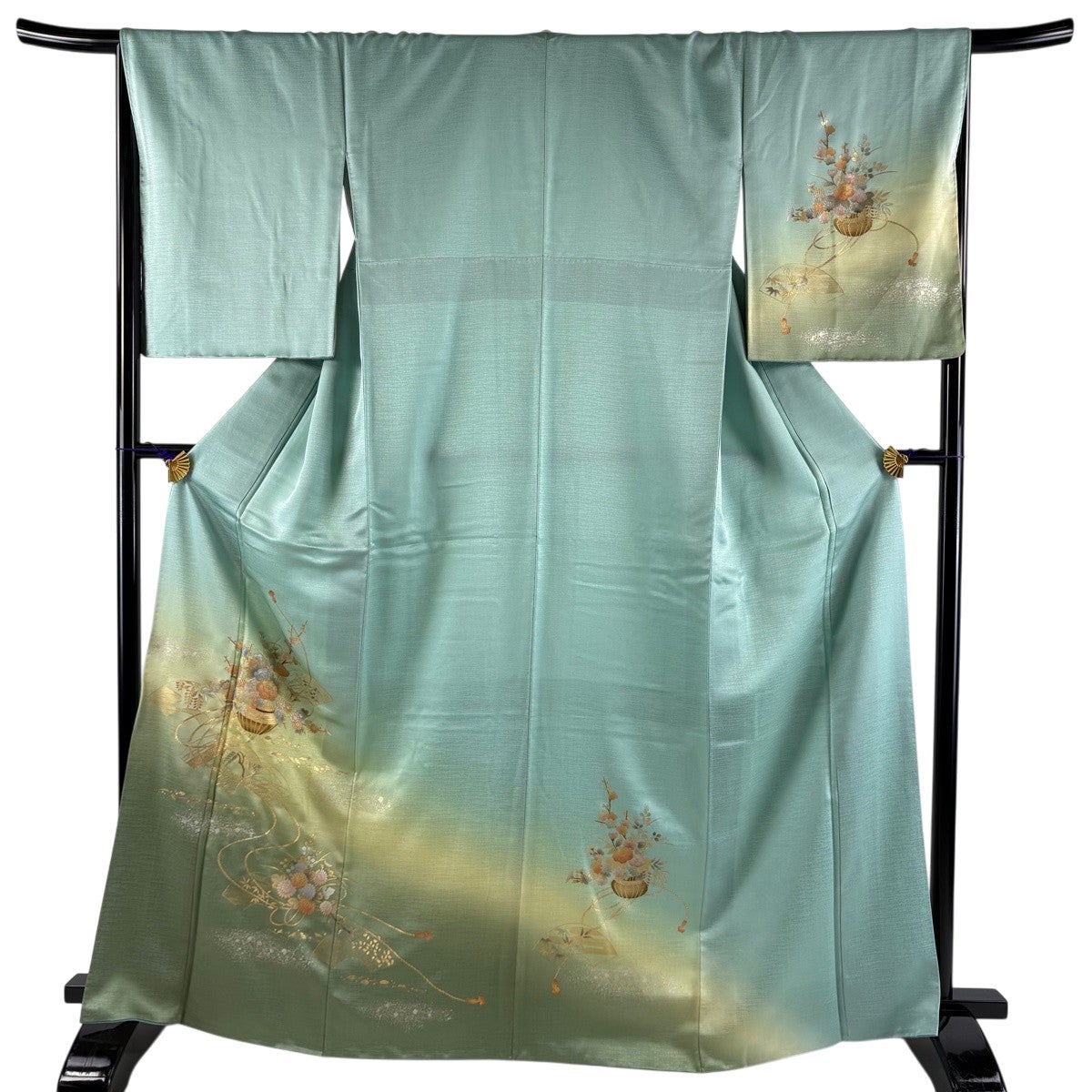 美品】 訪問着 身丈163cm 裄丈67.5cm L 袷 扇 草花 金銀彩 ぼかし 抹茶