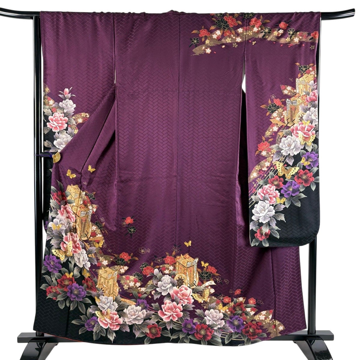 振袖 身丈159.5cm 裄丈65.5cm M 袷 御所車 蝶 金糸 金彩 紫 正絹 秀品