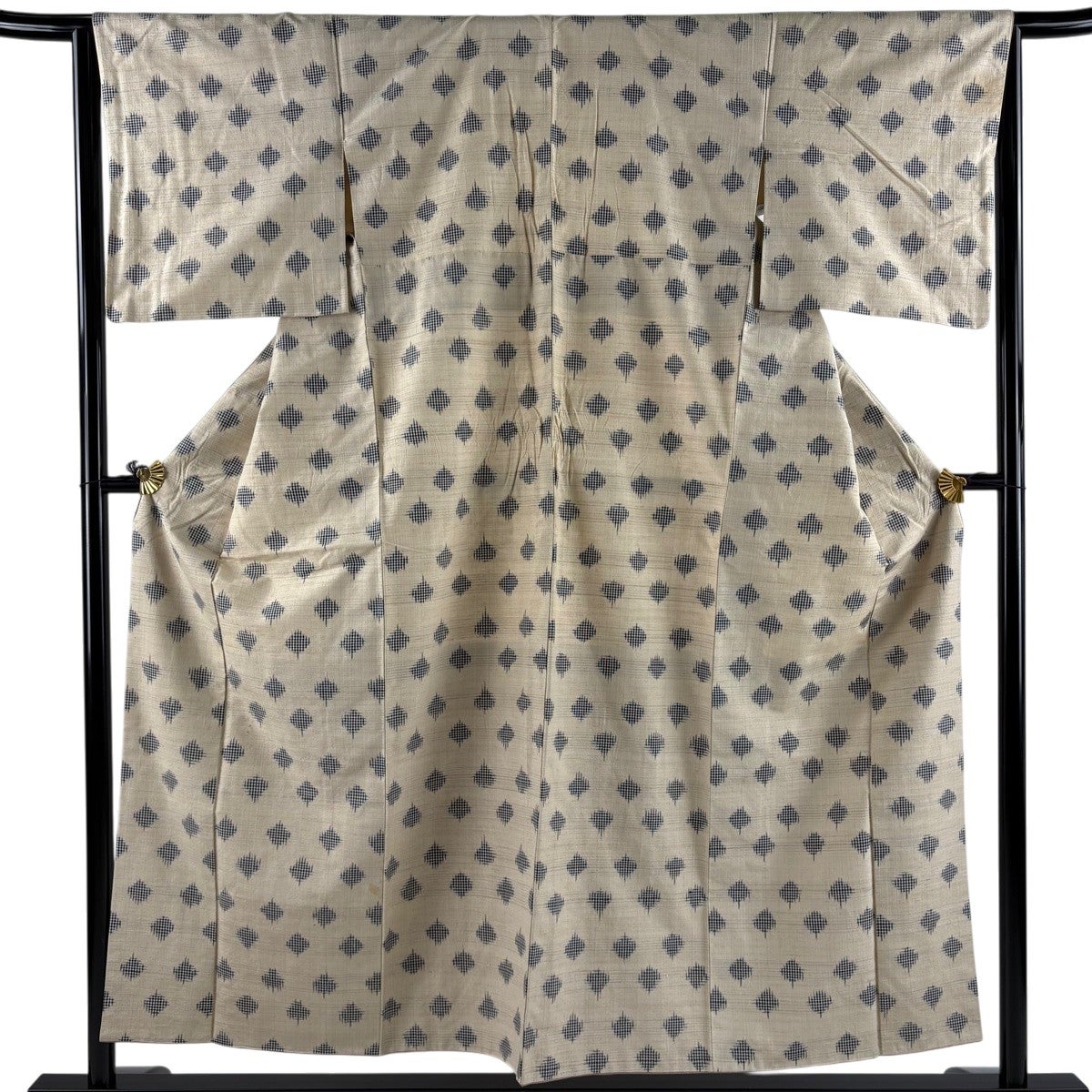 紬 身丈154.5cm 裄丈64.5cm M 袷 幾何学模様 ベージュ 正絹 秀品｜中古