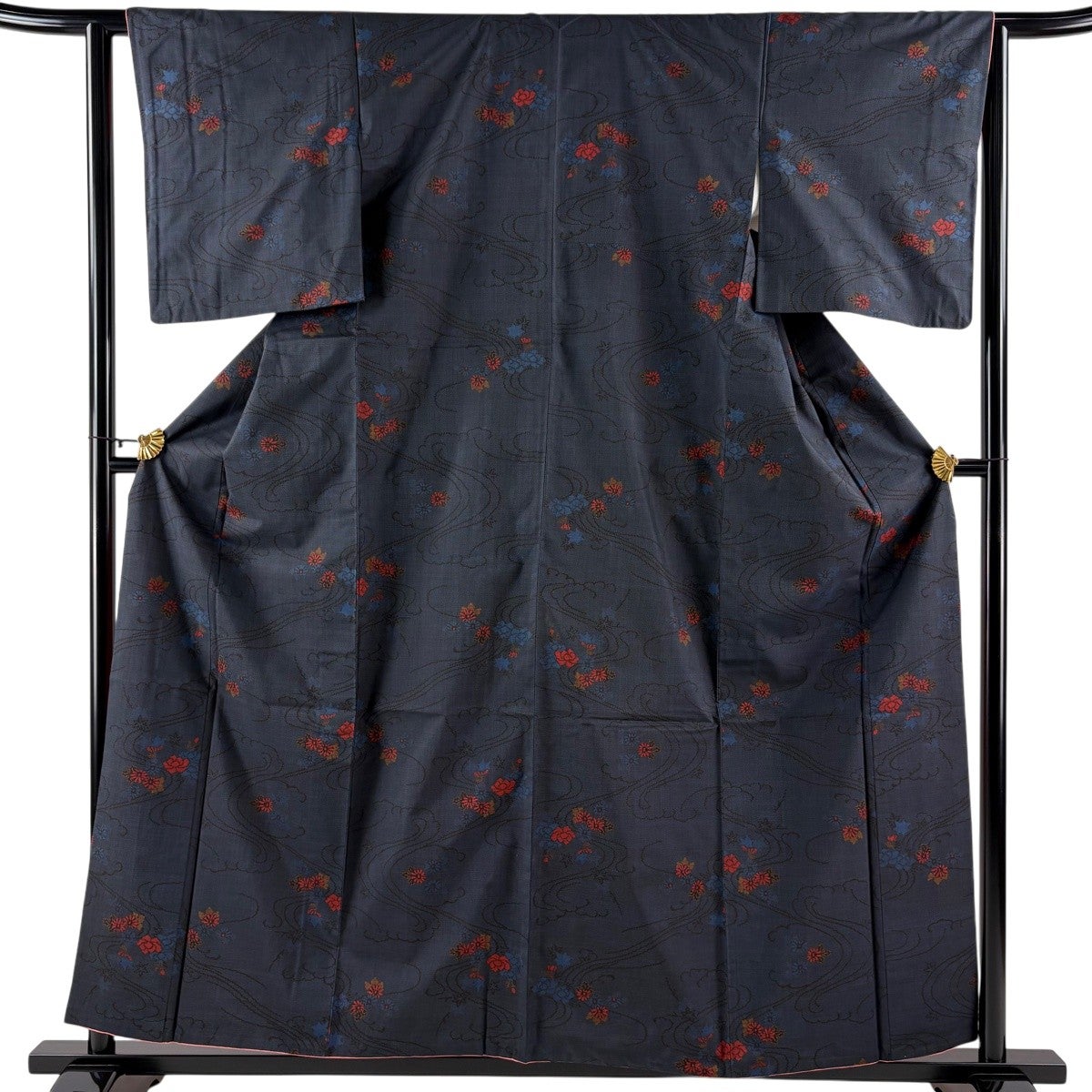 紬 身丈159cm 裄丈62.5cm S 袷 菊 波頭 紺色 正絹 優品｜中古・古着