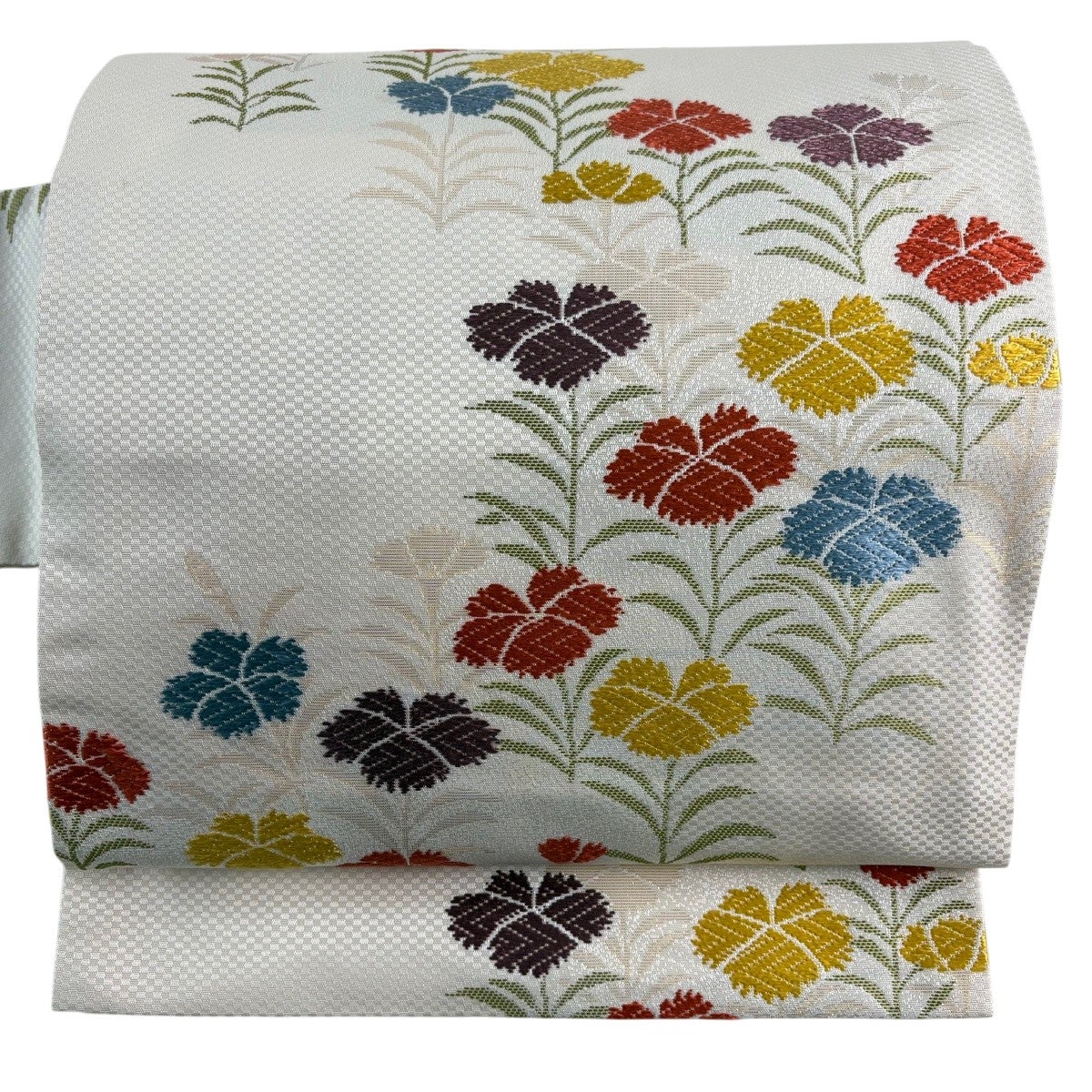 381 正絹　　紗　刺繍入り名古屋帯 名古屋帯 名品 じゅらく 落款あり 草花 箔 唐織 クリーム 正絹｜中古