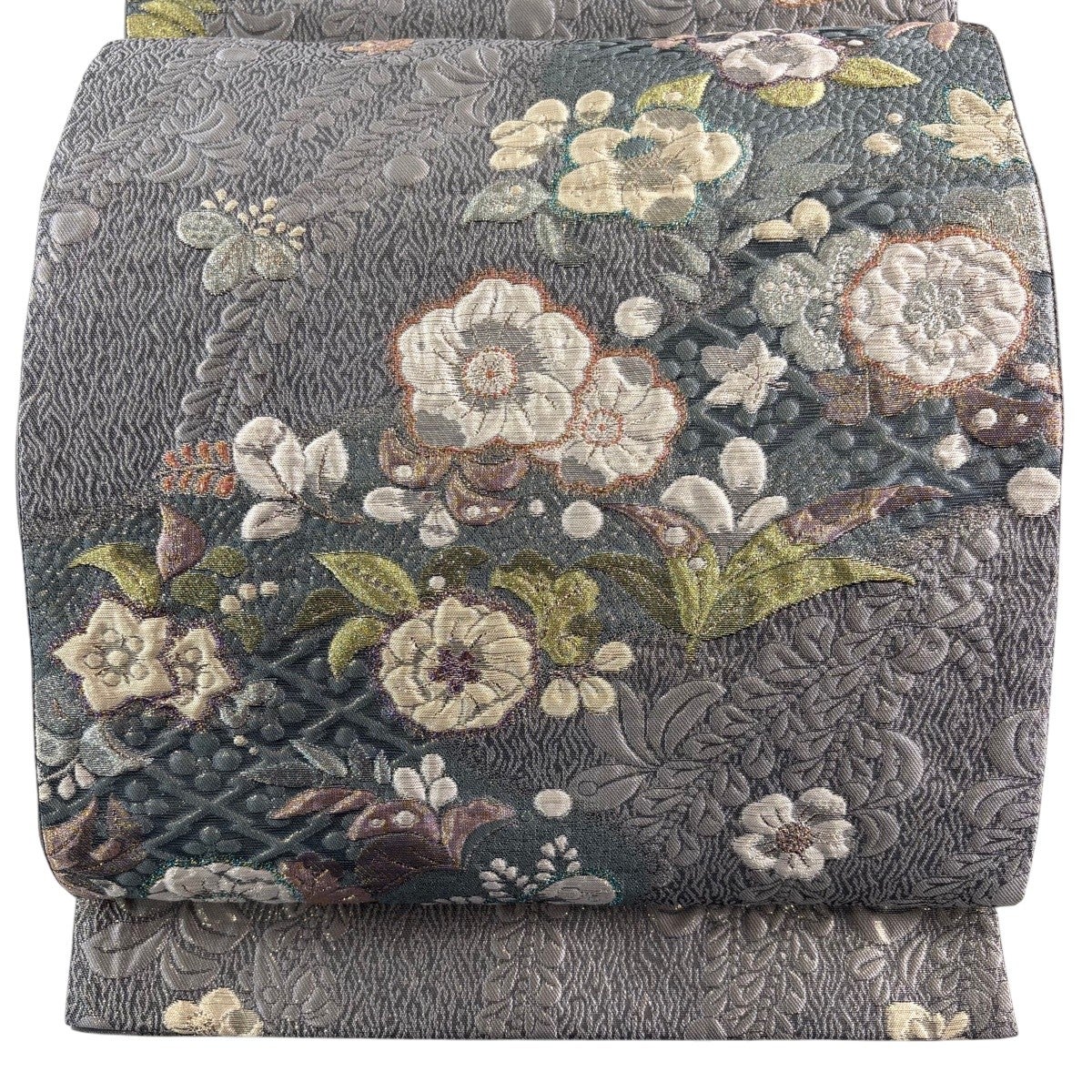 袋帯 名品 やまと 辻が花柄 金糸 箔 灰茶 六通 正絹｜中古・古着