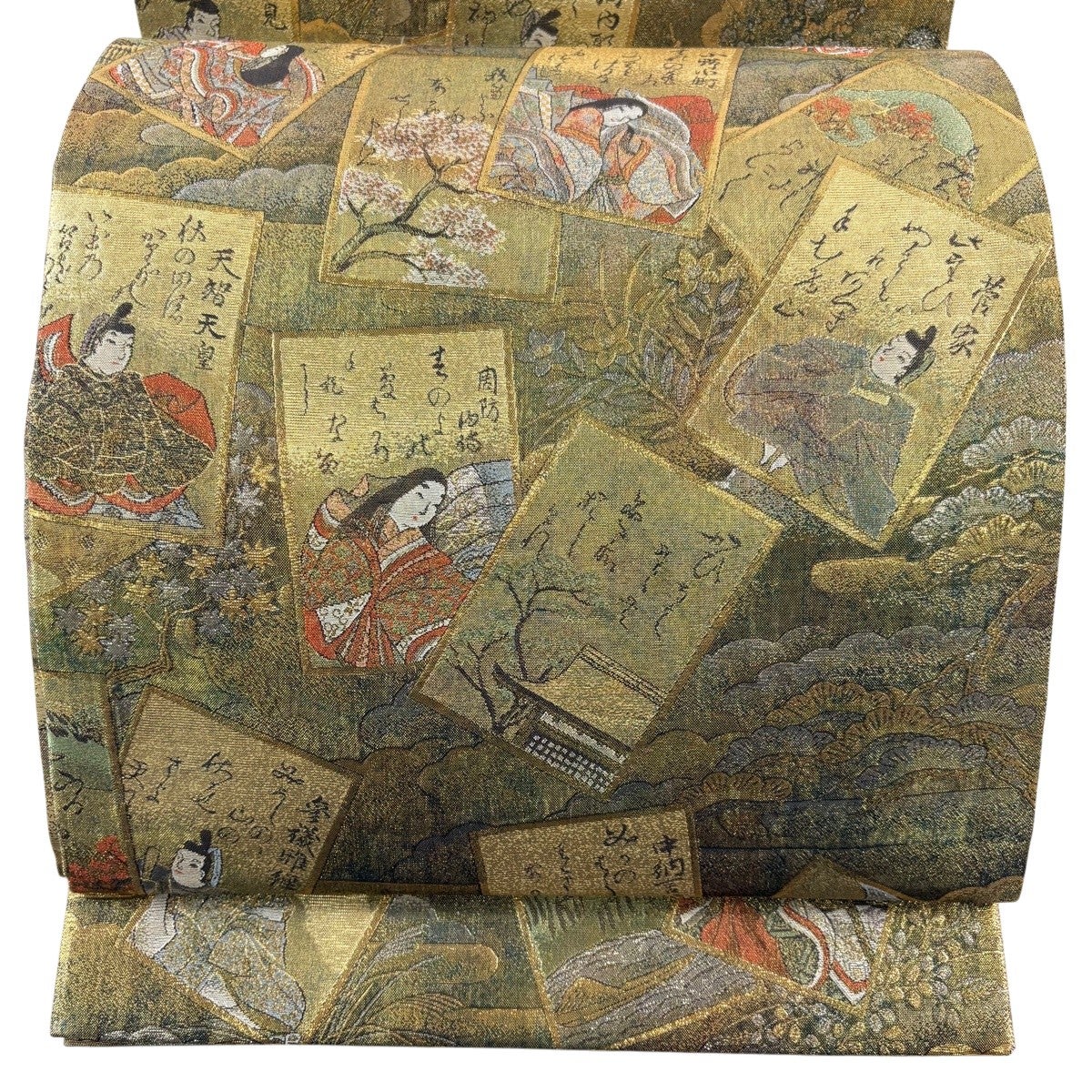 美品】 袋帯 名品 光琳かるた 笠松 箔 金色 お太鼓柄 正絹｜中古・古着