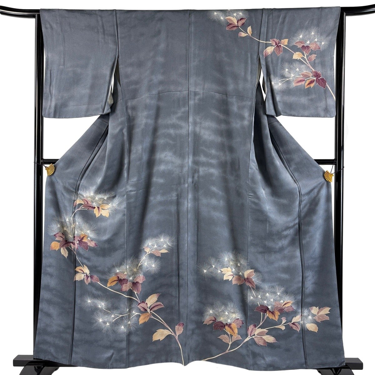 美品】 訪問着 身丈158cm 裄丈64cm M 袷 松 枝葉 金彩 ぼかし 青灰色