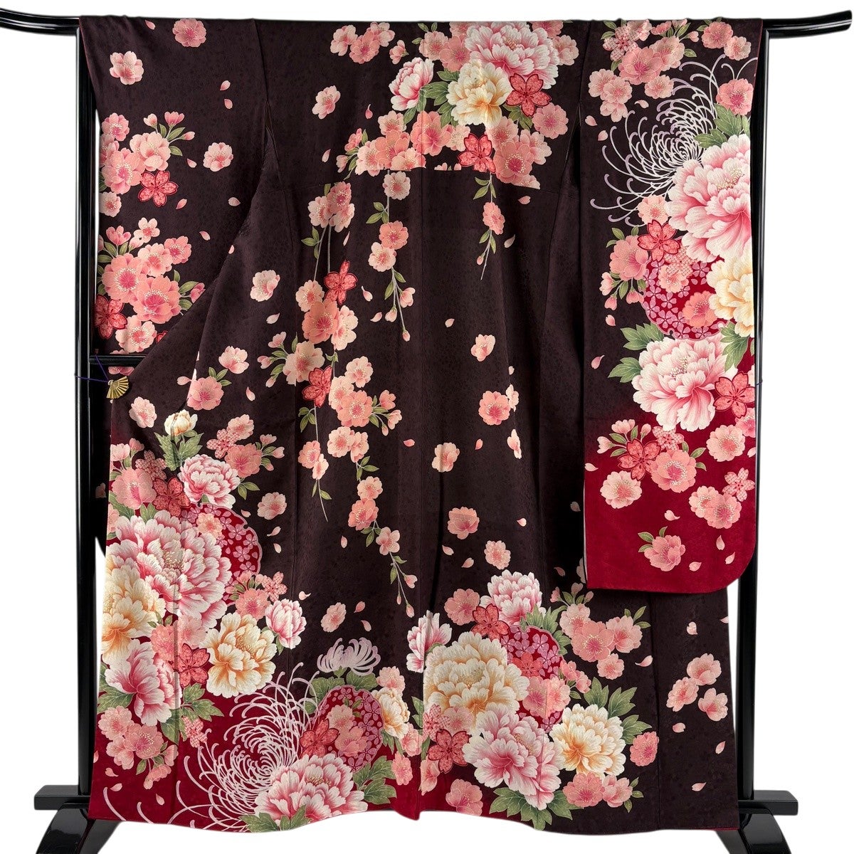 振袖 身丈162cm 裄丈65.5cm M 袷 牡丹 枝垂れ桜 刺繍 金彩 焦茶色 正絹