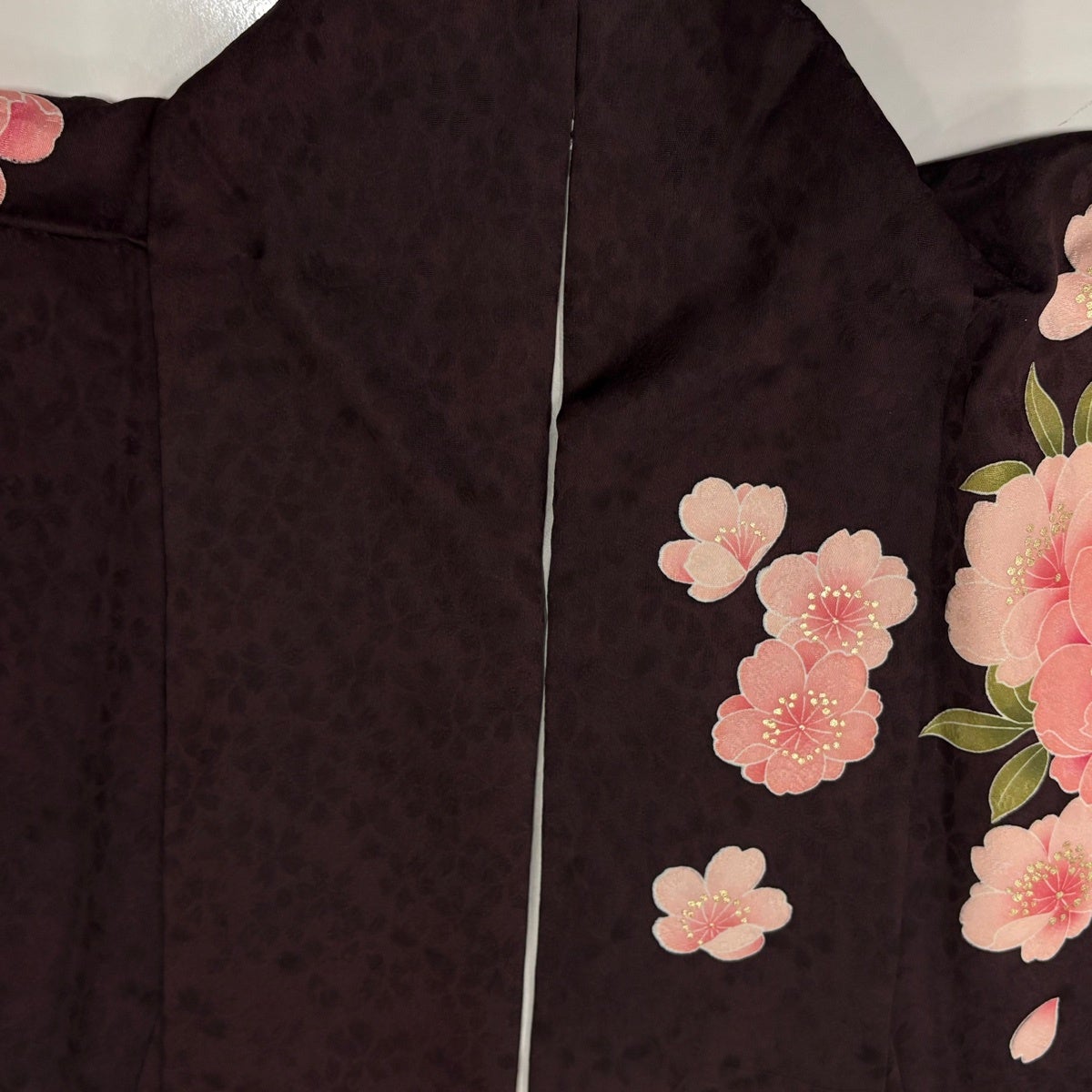 振袖 身丈162cm 裄丈65.5cm M 袷 牡丹 枝垂れ桜 刺繍 金彩 焦茶色 正絹