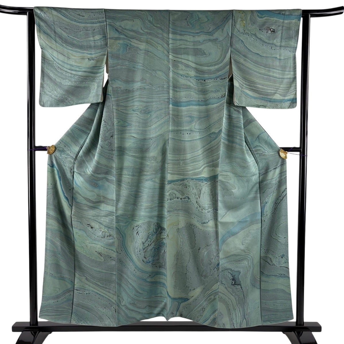 美品】 紬 身丈155cm 裄丈63cm S 袷 幾何学模様 灰緑 正絹 秀品｜中古