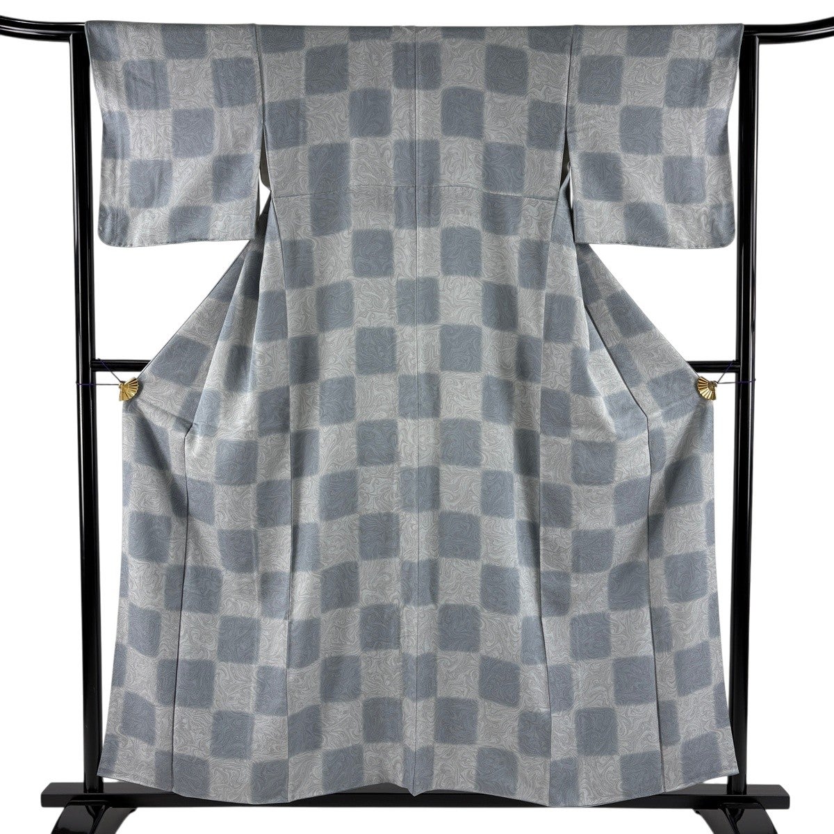 美品】 紬 身丈155cm 裄丈63cm S 袷 幾何学模様 灰緑 正絹 秀品｜中古